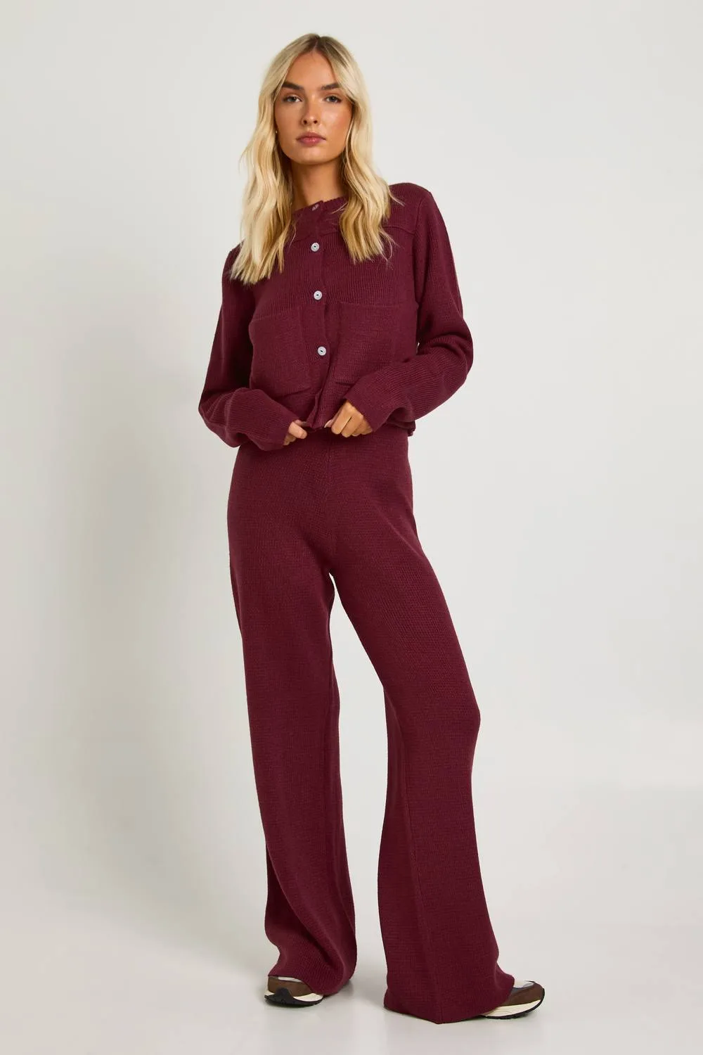 Pocket Detail Crew Neck Knitted Cardigan & Wide Leg Trouser by boohoo