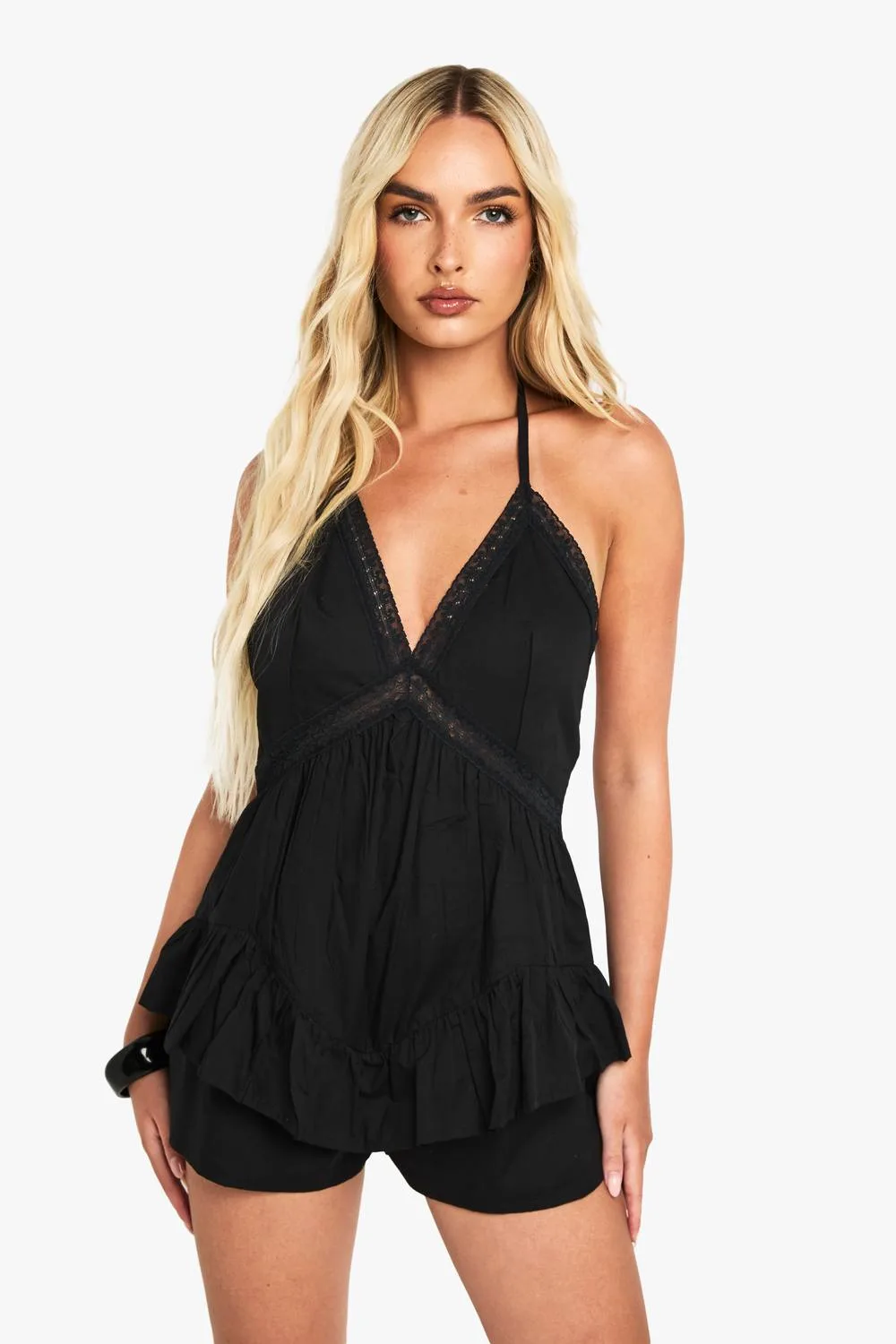 Cotton Halterneck Ruffle Lace Trim Playsuit by boohoo