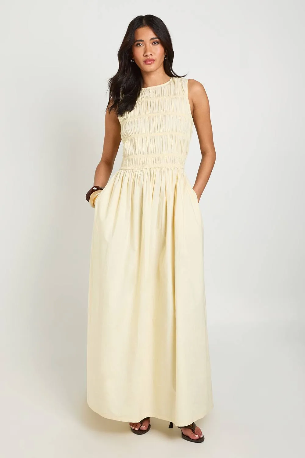 Cotton Poplin Shirred Maxi Dress by boohoo