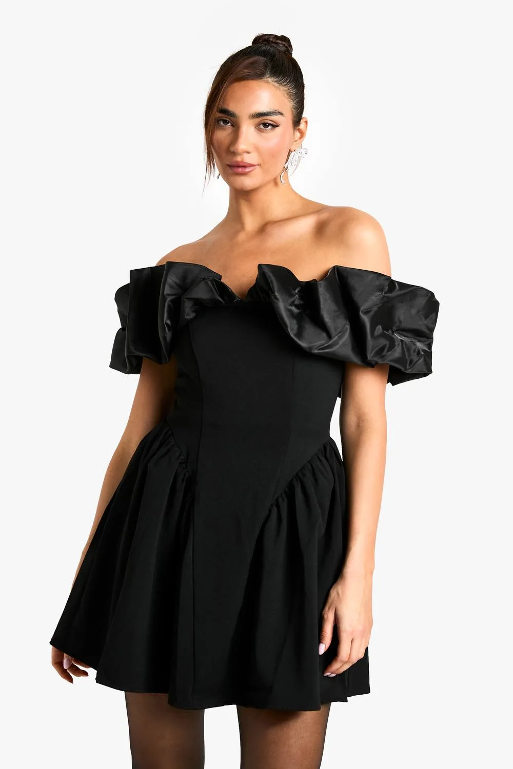 Extreme Taffeta Ruffle Bardot Structured Skater Dress by boohoo
