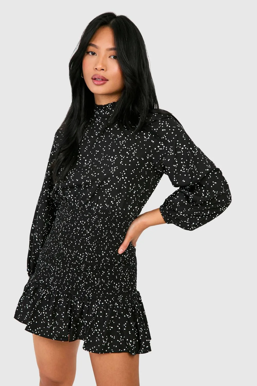 Spot High Neck Shirred Ruffle Dress by boohoo