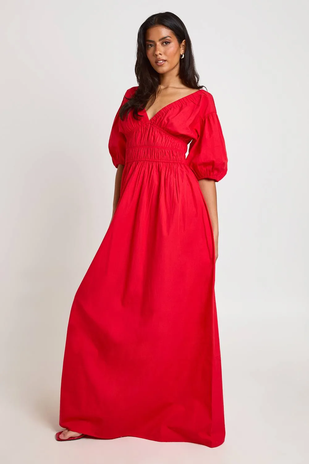 Cotton Poplin Shirred Bodice V Neck Puff Sleeve Maxi Dress by boohoo