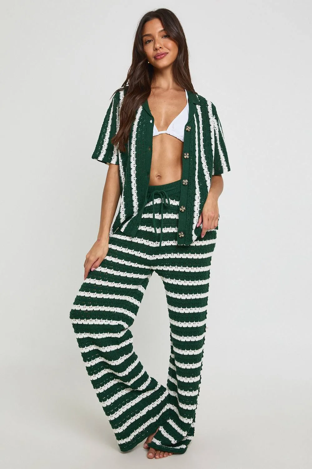 Chunky Stripe Crochet Oversized Shirt & Trouser Co-Ord by boohoo