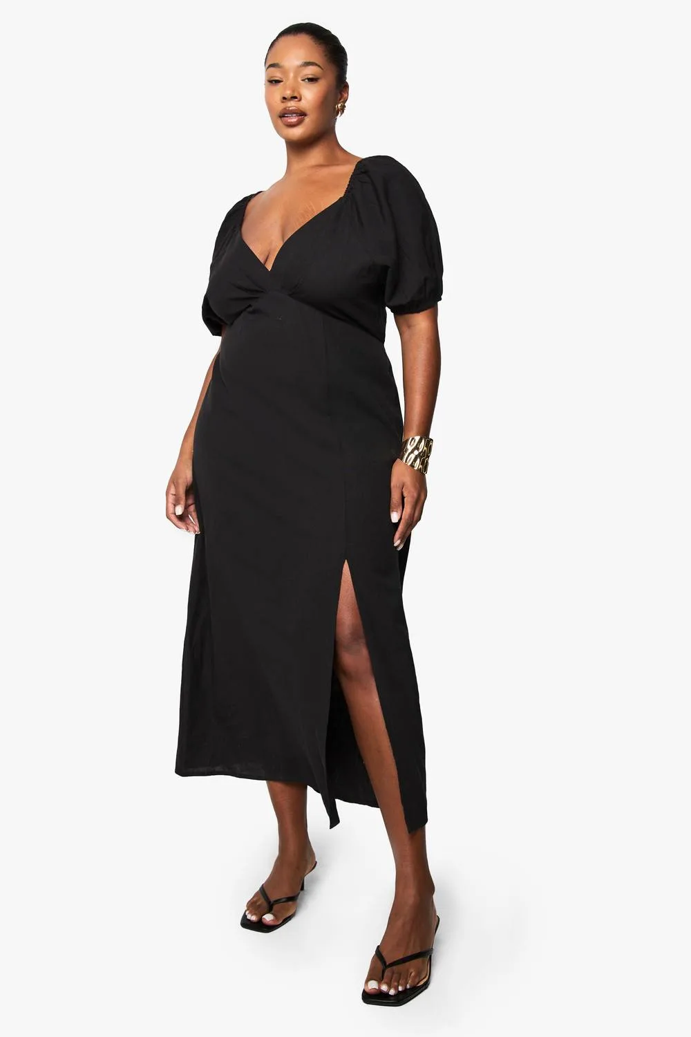 Linen Look Tie Back Puff Sleeve Midaxi Dress by boohoo