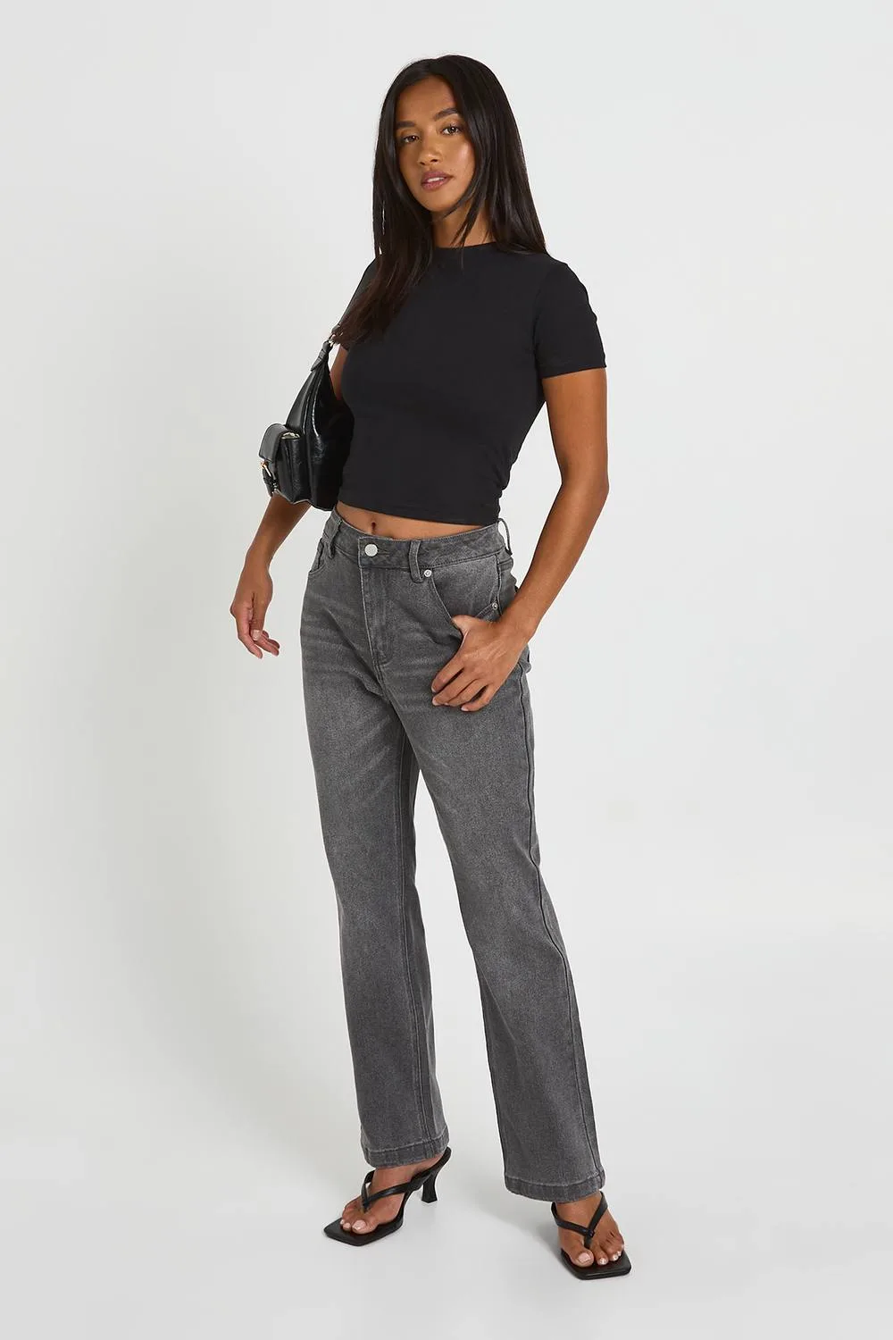 The Petite Mid Waist Baby Bootcut in Greywash by boohoo