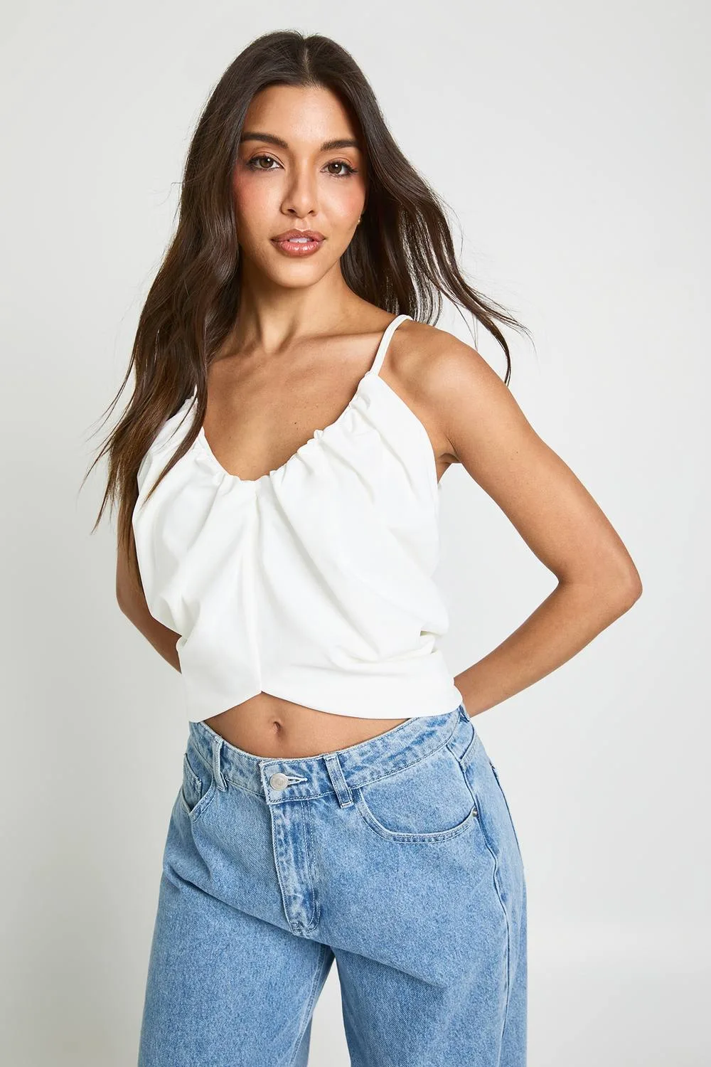 Matte Slinky Ruched Blouson Cami Top by boohoo