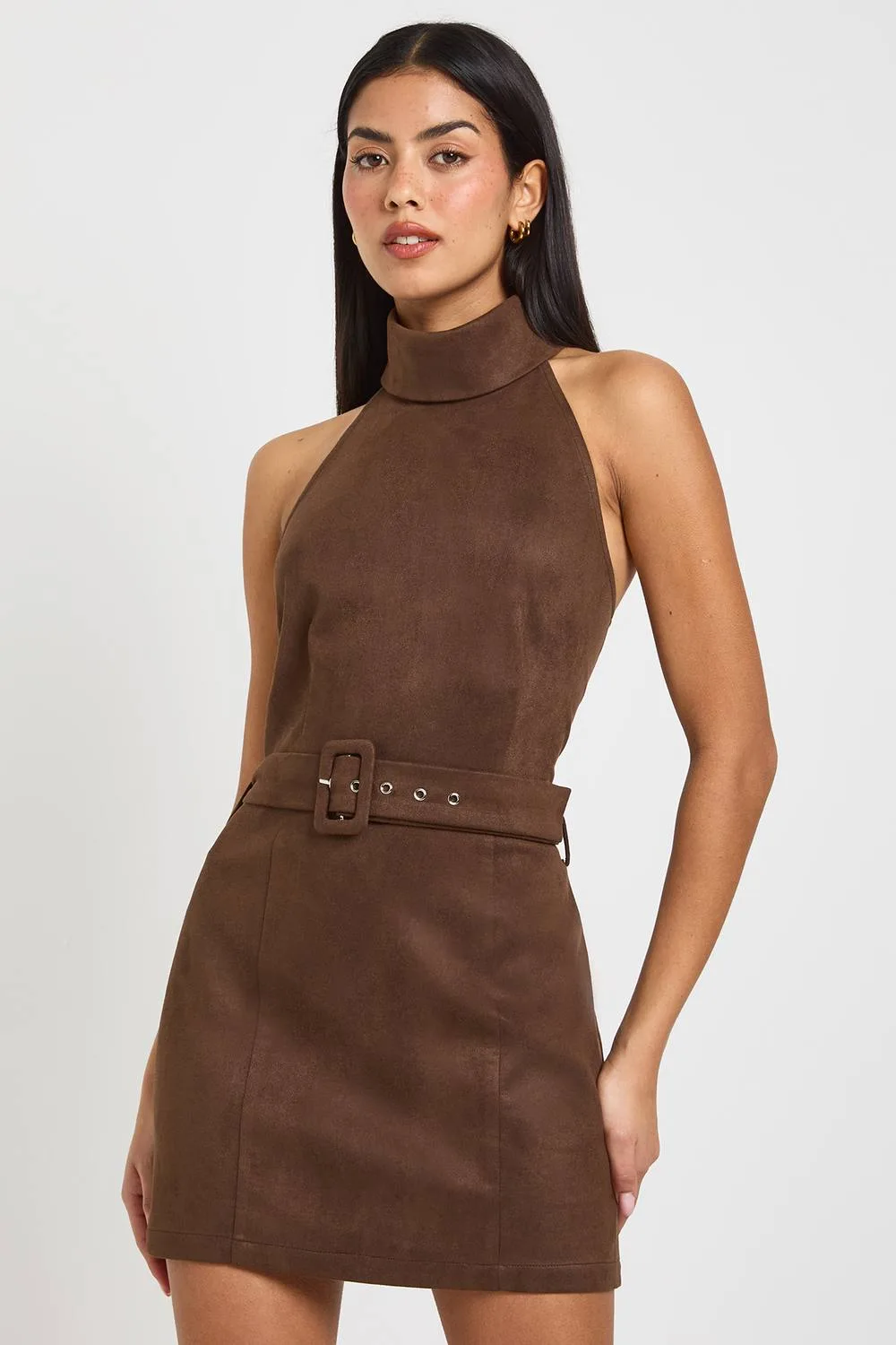 Faux Suede Halterneck Belt Detail Mini Dress by boohoo