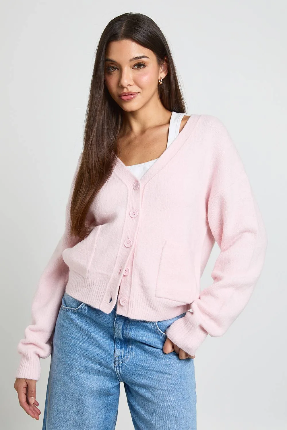 Soft Knit Pocket Detail V Neck Cardigan