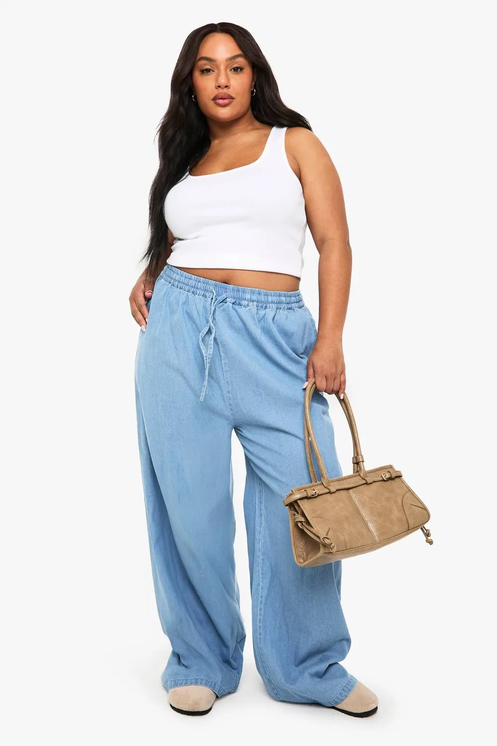 Chambray Drawstring Wide Leg Trouser