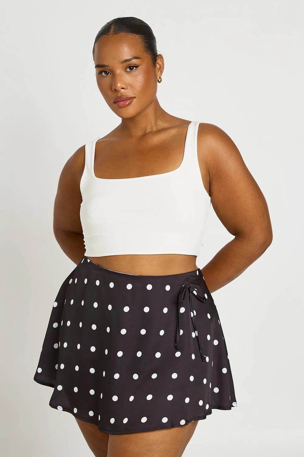 Satin Polka Dot Tie Side Skort by boohoo