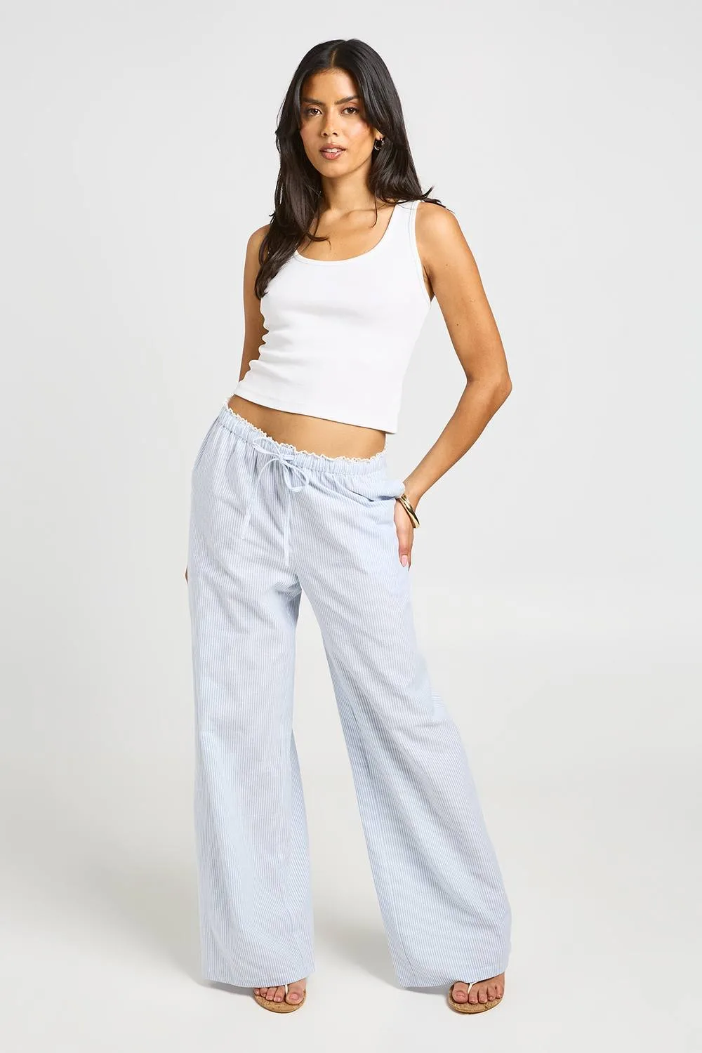 Cotton Poplin Striped Lace Trim Wide Leg Trousers by boohoo