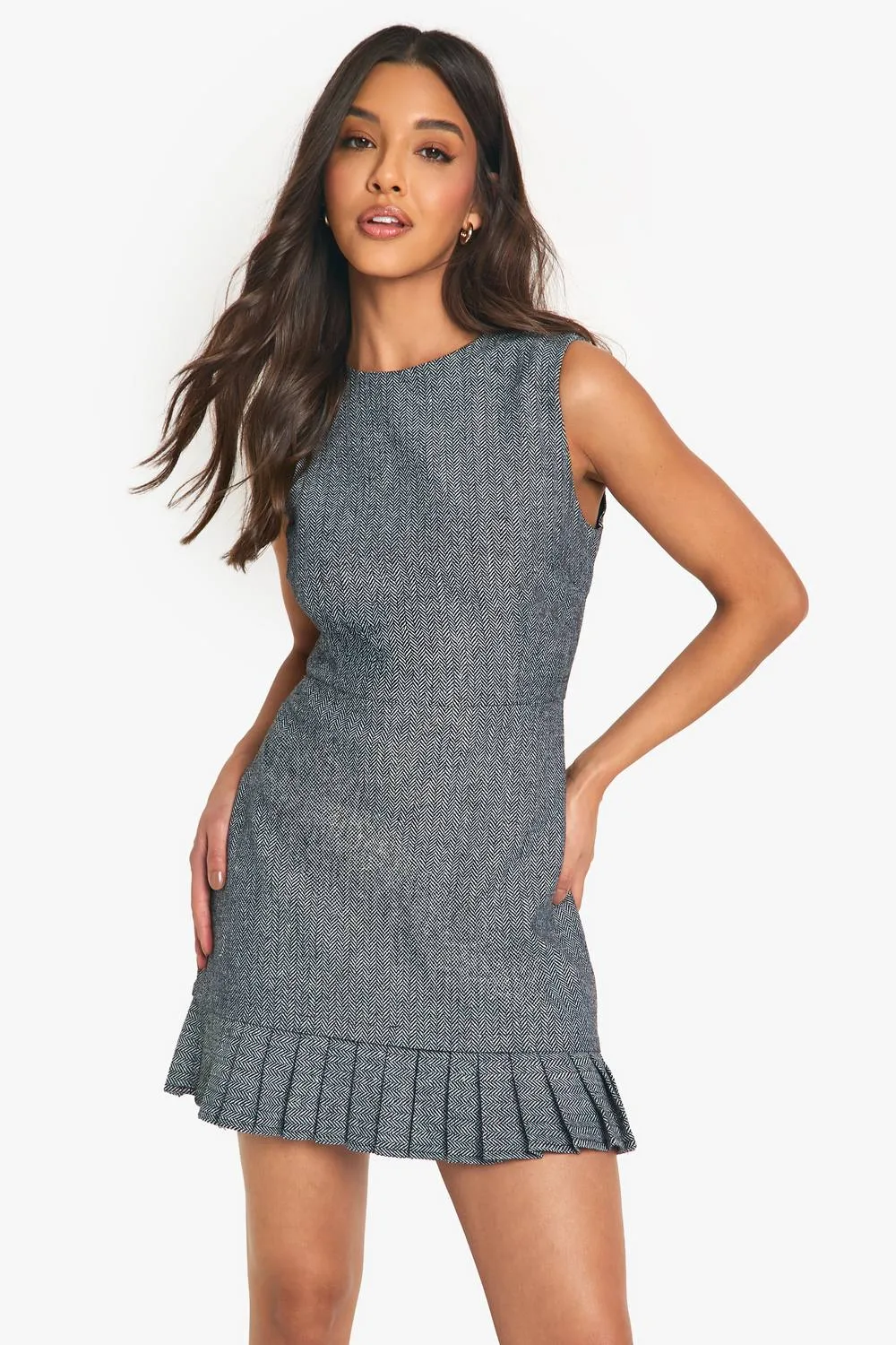 Tweed Tailored Pleated Hem Mini Dress by boohoo