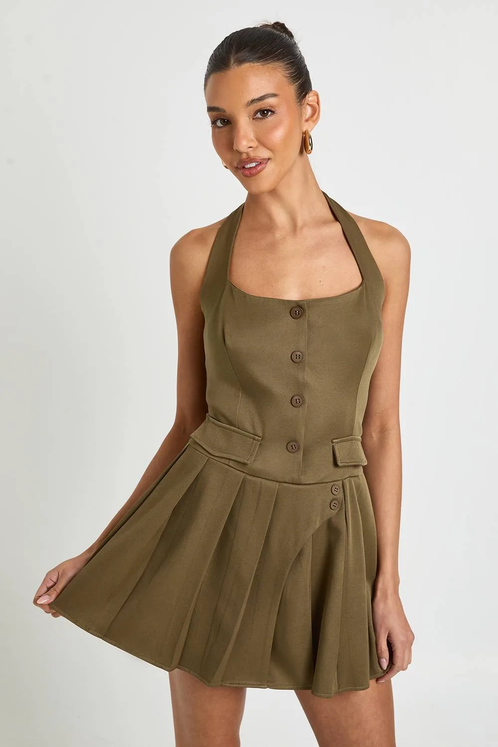 Utility Pleat Detail Halter Mini Dress by boohoo