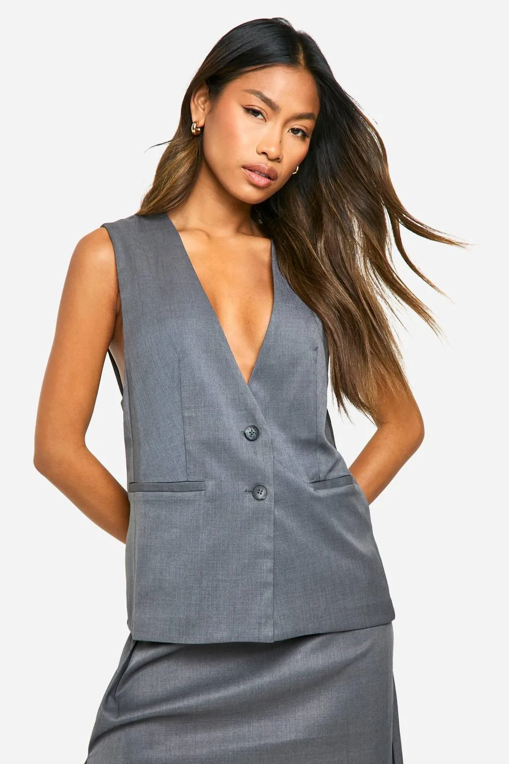 Marl Plunge Front Longline Waistcoat by boohoo