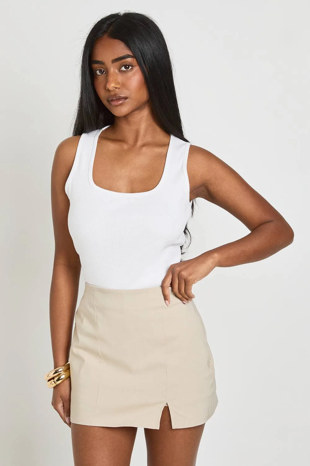 Split Front Mini Skort - Stone by boohoo