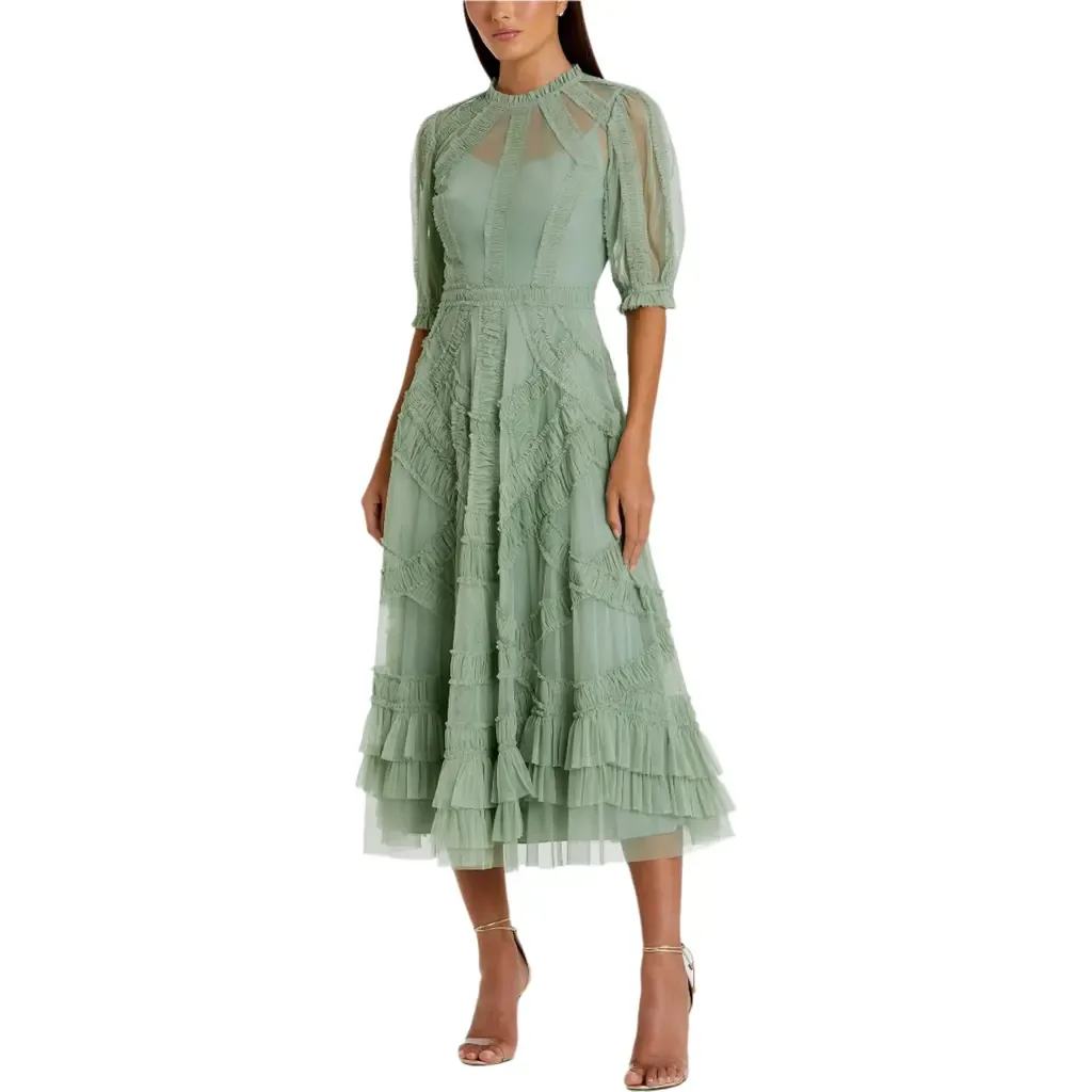 High Neck Puff Sleeve Ruffle Tiered Dress