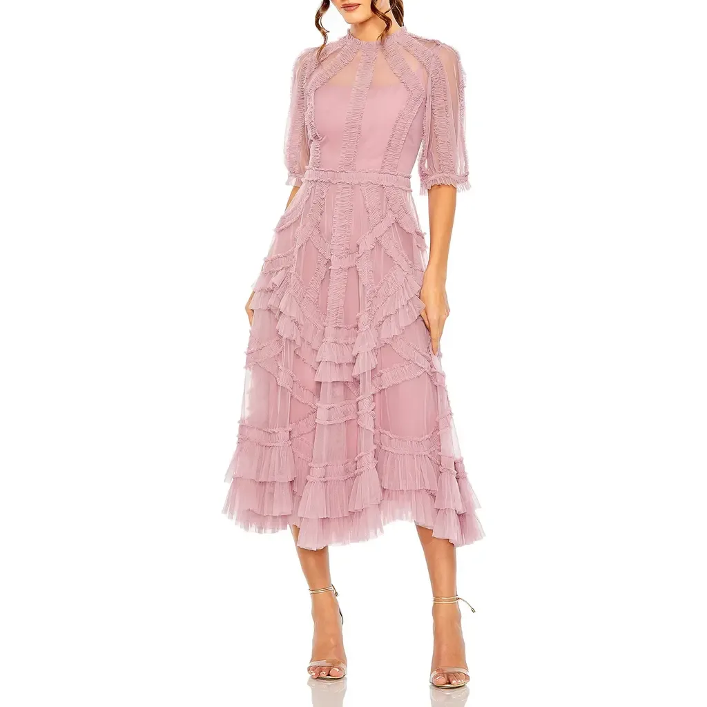 High Neck Puff Sleeve Ruffle Tiered Dress