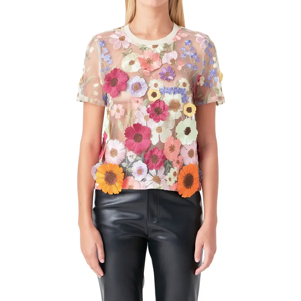 Floral Embroidered Appliqué Organza Top by Endless Rose