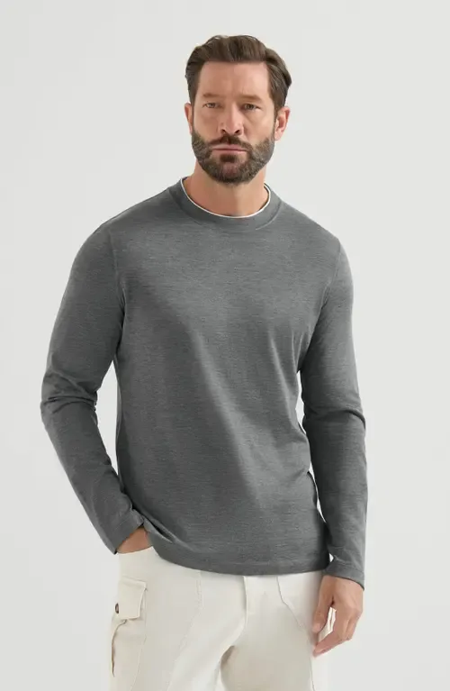 Silk and Cotton Lightweight Jersey Long Sleeve Crew Neck T-Shirt with Contrast Detail by Brunello Cucinelli
