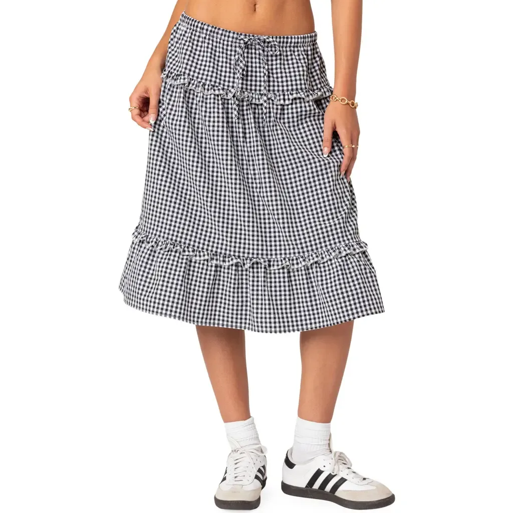 Gingham Tiered Ruffle Midi Skirt by EDIKTED
