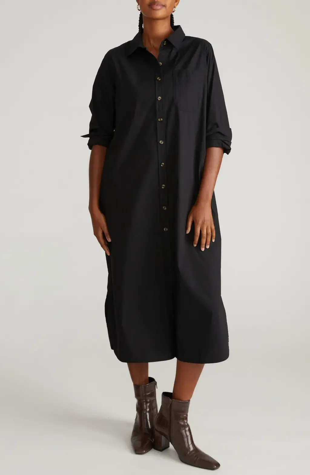 Odeon Long Sleeve Stretch Poplin Midi Shirtdress