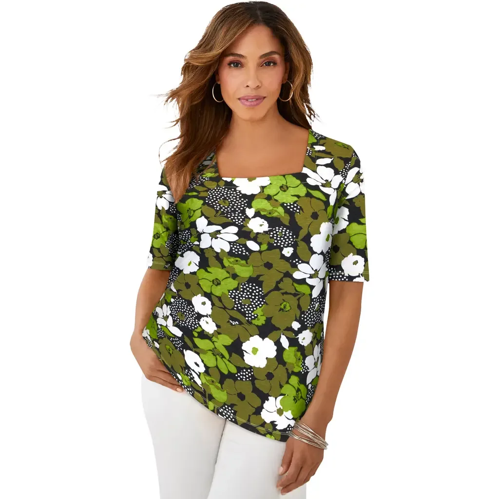 Stretch Cotton Square Neck Tee by Jessica London