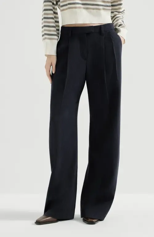 Virgin Wool Crêpe Chevron Tailored Barrel Trousers with Monili by Brunello Cucinelli