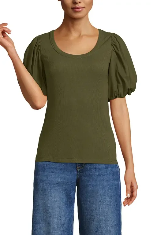 Drapey Rib Puff Sleeve Scoop Neck Top by Lands' End