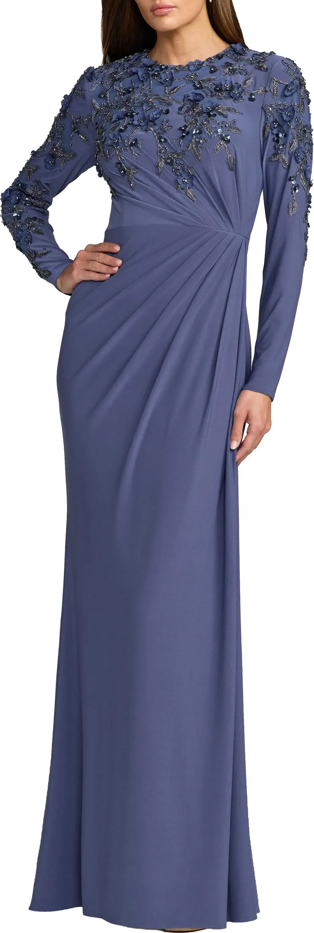 High Neck Long Sleeve Beaded Jersey Gown