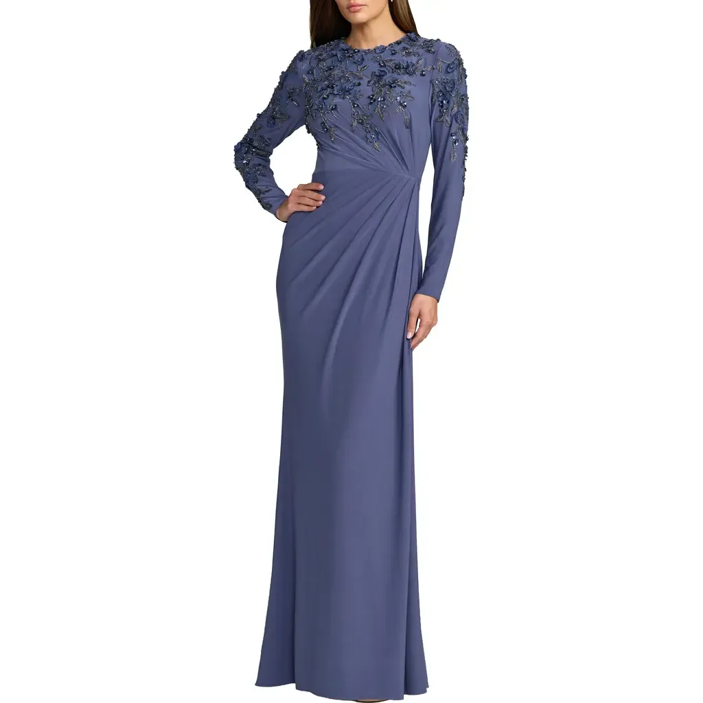 High Neck Long Sleeve Beaded Jersey Gown by Mac Duggal