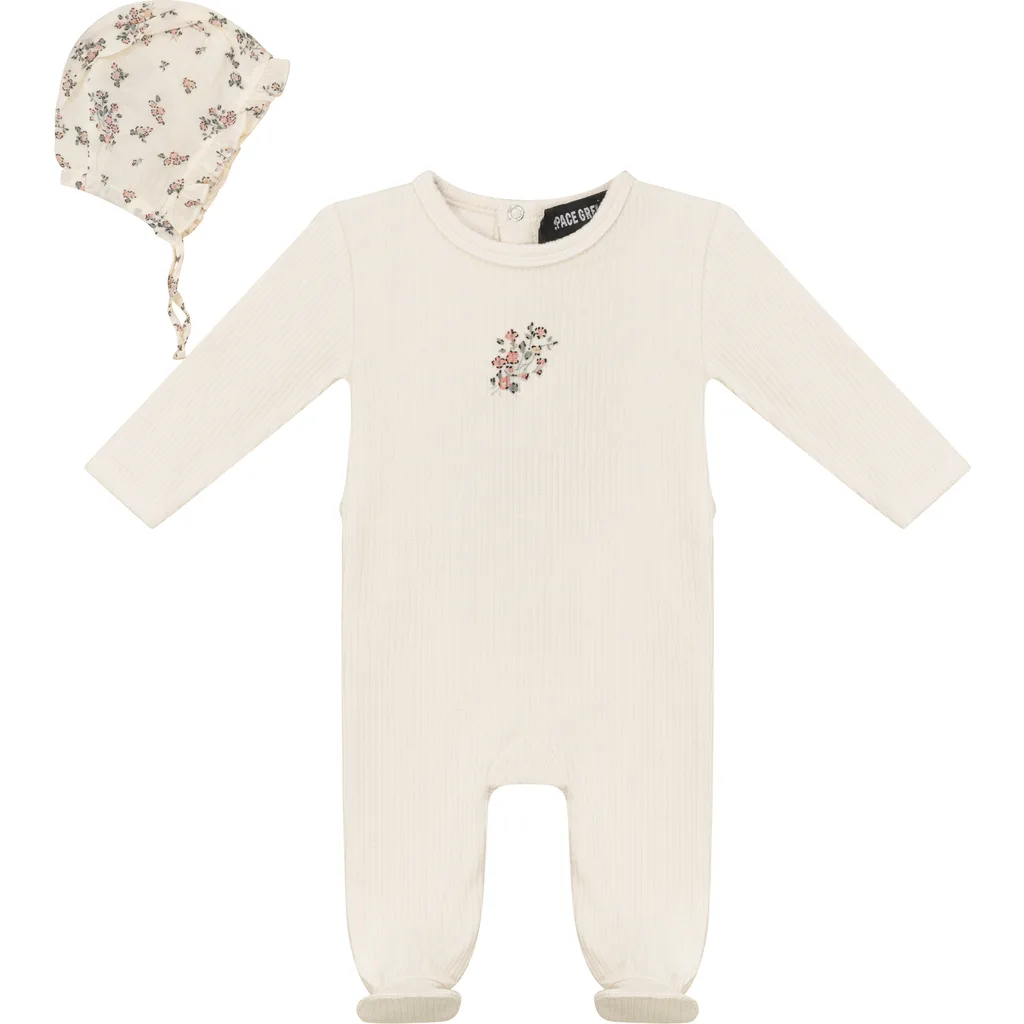 Pointelle Rib Romper and Floral Gauze Bonnet Set by Space Grey