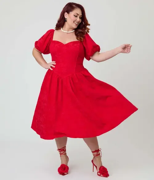 Puff Sleeve Swing Dress in Red Floral Print by Smak Parlour