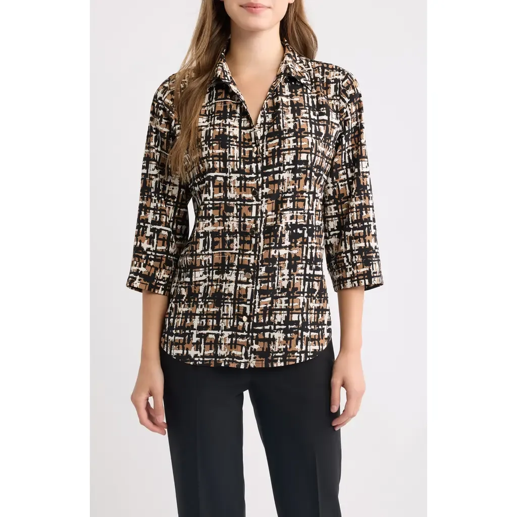 Grid Print Three-Quarter Sleeve Button Front Shirt by AK ANNE KLEIN