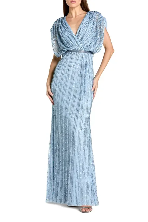 Beaded Mesh Blouson V Neck Column Gown by Mac Duggal
