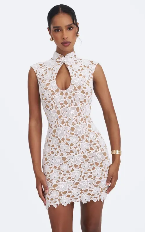 Quinley Cotton Lace Teardrop Neckline Mini Dress by Miss Circle