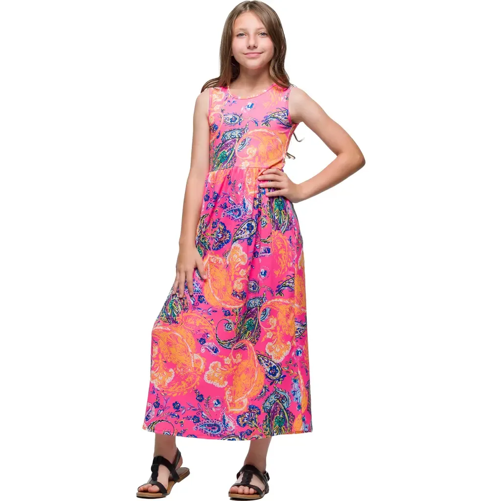 Pink Paisley Print Sleeveless Maxi Dress with Pockets
