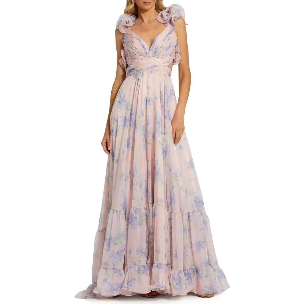 Ruffle Tiered Floral Cut-Out Chiffon Gown