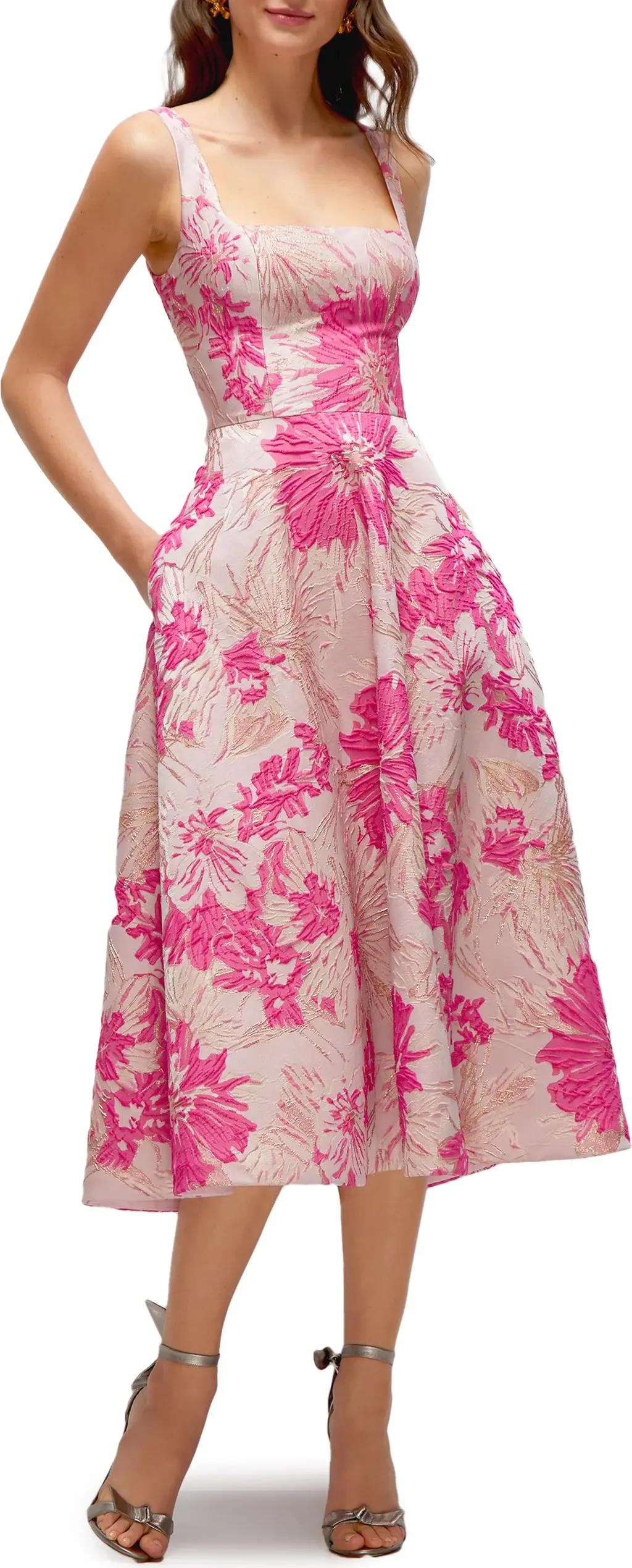 Floral Jacquard Sleeveless Fit & Flare Midi Dress