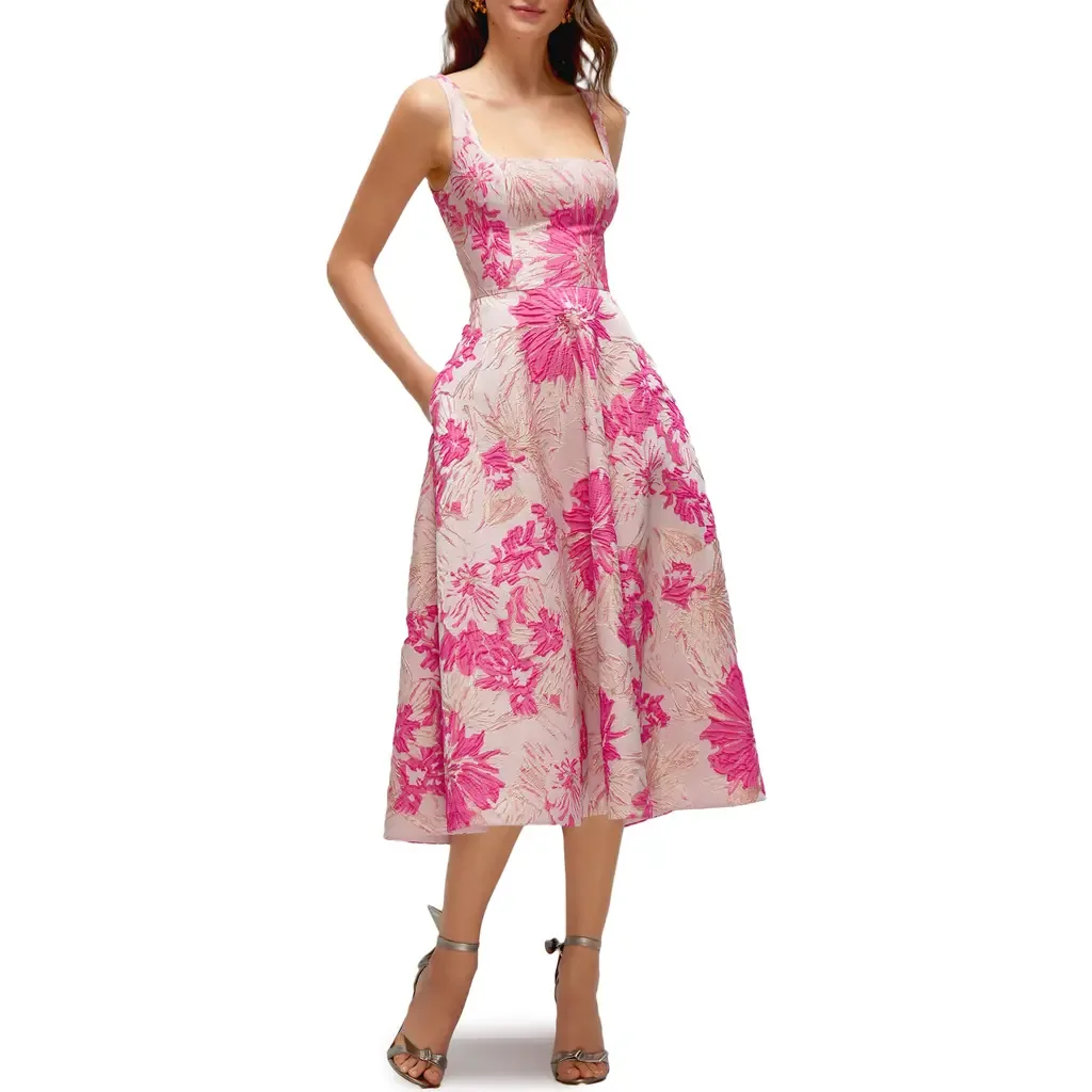 Floral Jacquard Sleeveless Fit & Flare Midi Dress