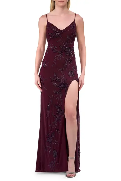Beautiful Beaded Evening Gown with V Neckline and Open Back by La Femme