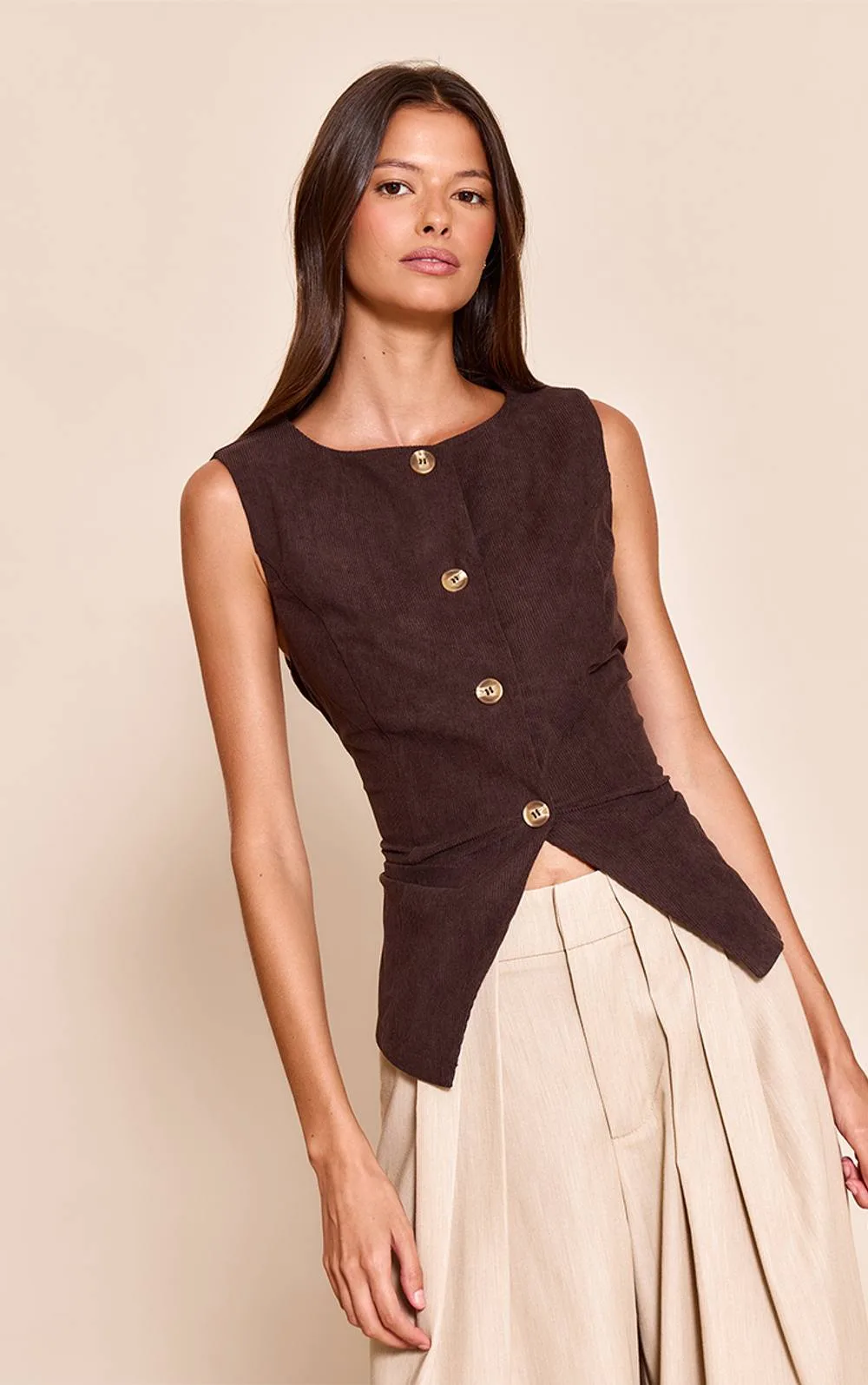 Cord Scoop Neck Longline Waistcoat