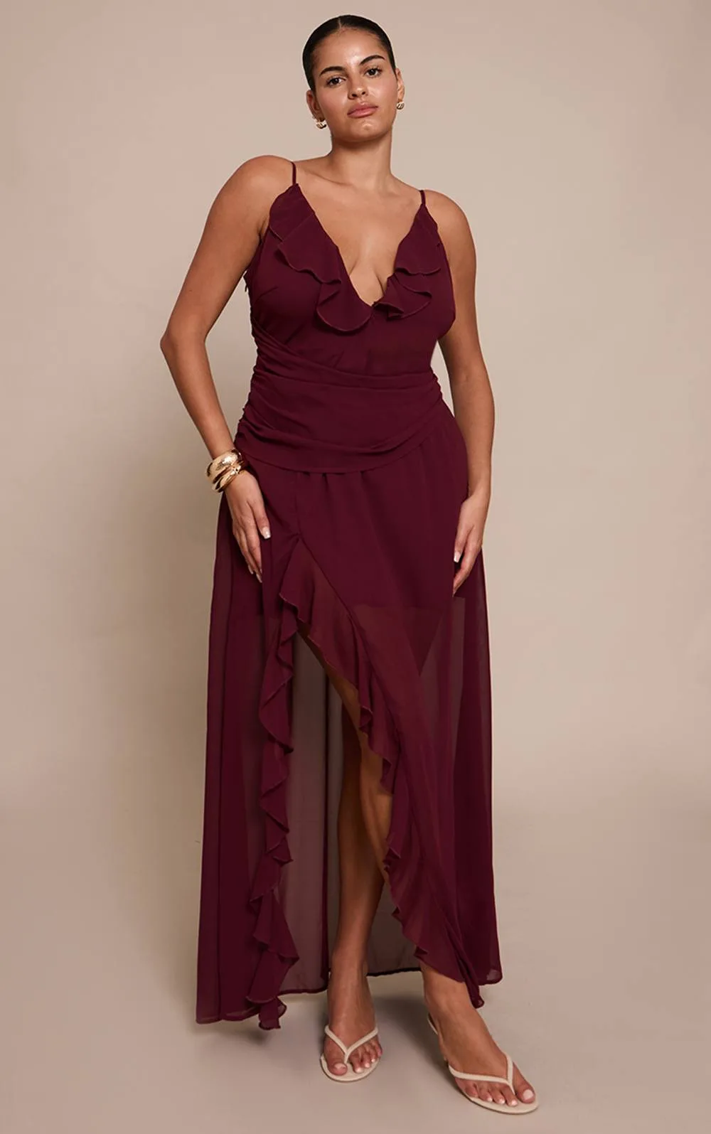 Chiffon Frill Plunge Strappy Maxi Dress by PrettyLittleThing