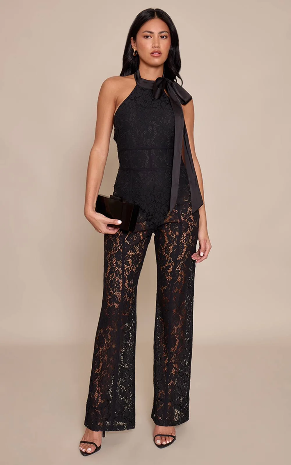 Lace Bow Detail Straight Leg Jumpsuit by PrettyLittleThing