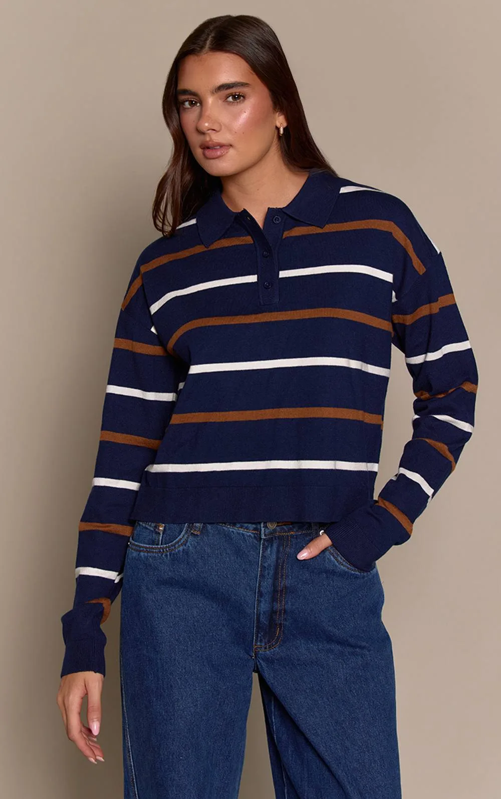 Stripe Polo Knit Long Sleeve Rugby Top by PrettyLittleThing