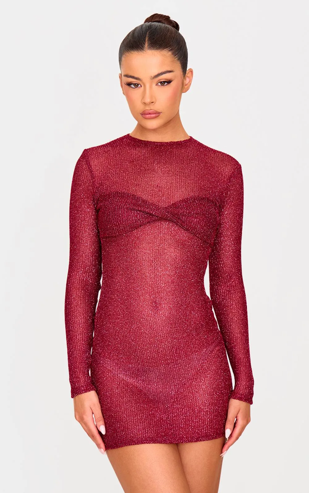 Metallic Ribbed Twist Bust Long Sleeve Mini Dress