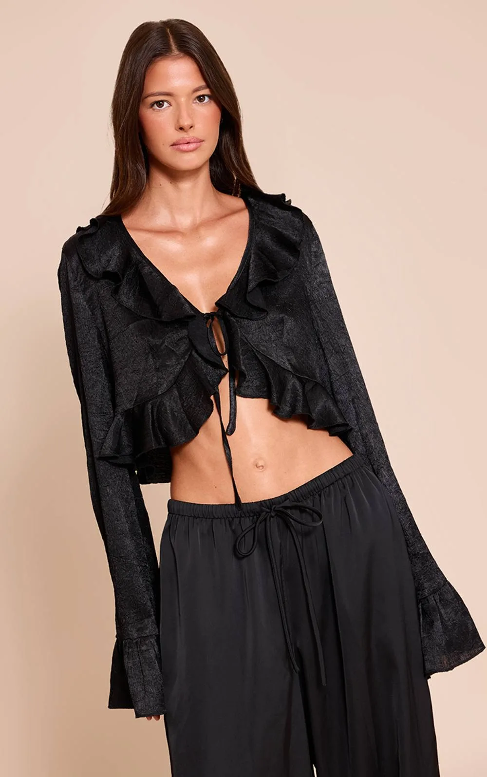 Textured Satin Frill Detail Tie Front Cropped Top by PrettyLittleThing