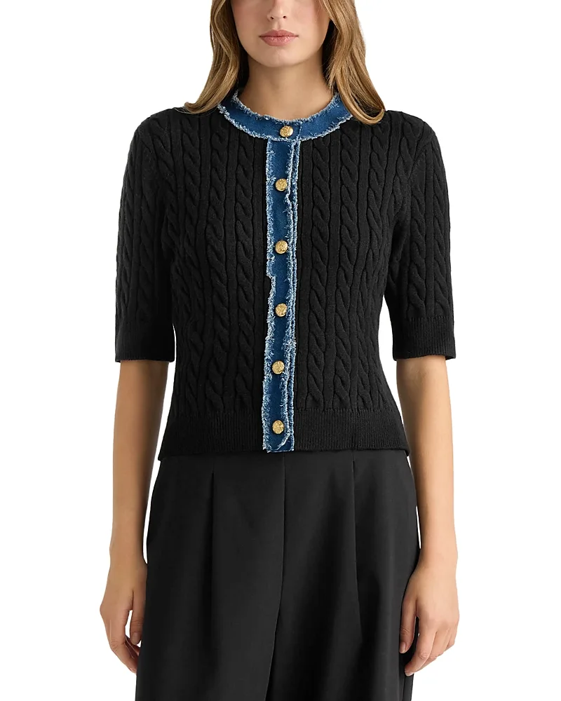 Denim Trim Cable Knit Short Sleeve Sweater by Nvlt