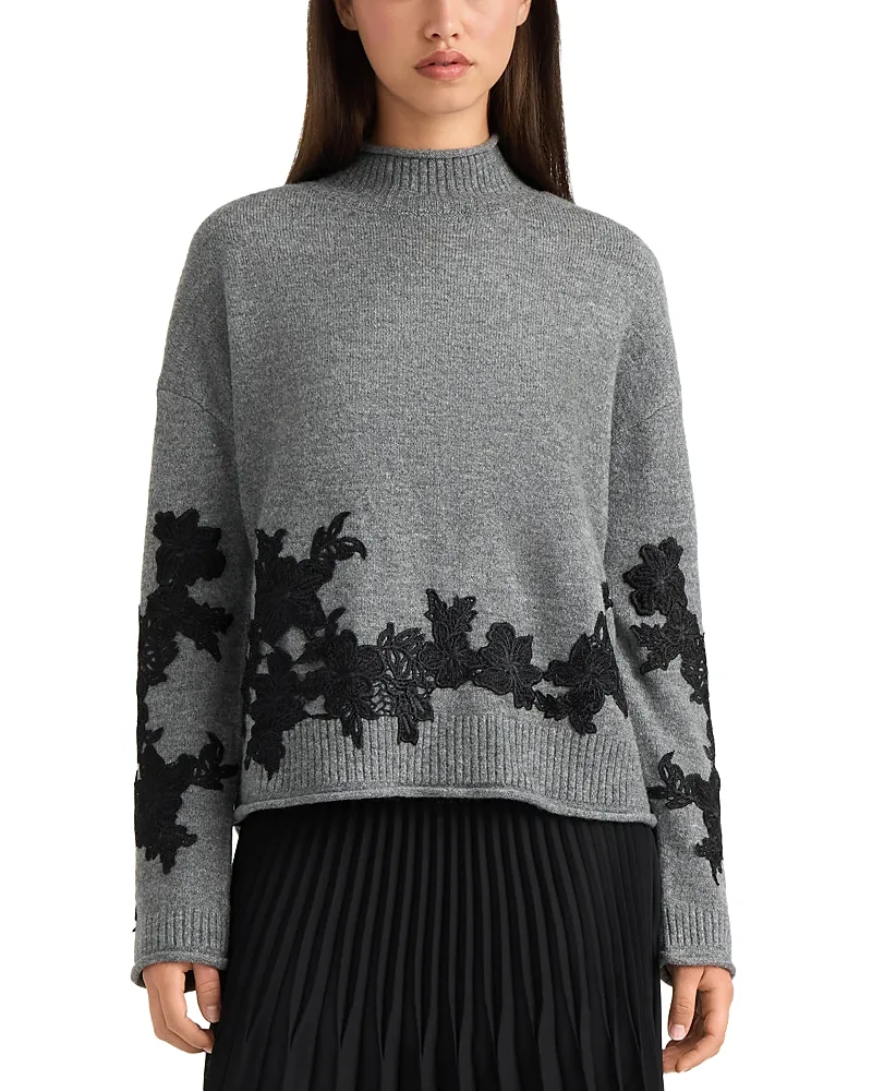 Mock Neck Floral Applique Sweater
