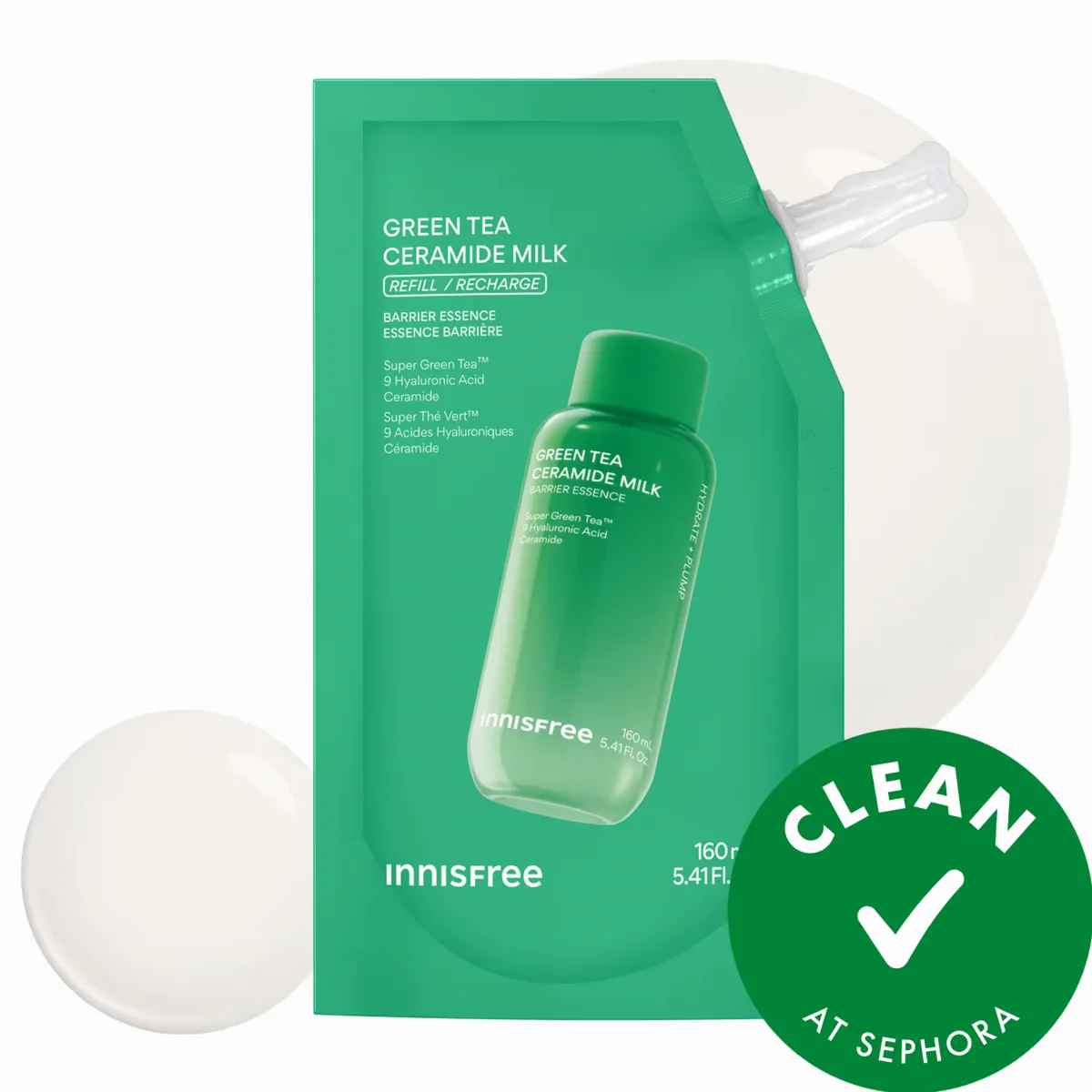 Green Tea Ceramide Refillable Korean Milk Toner for Hydration & Barrier Repair 5.41 oz Refill Pouch/160 mL by innisfree