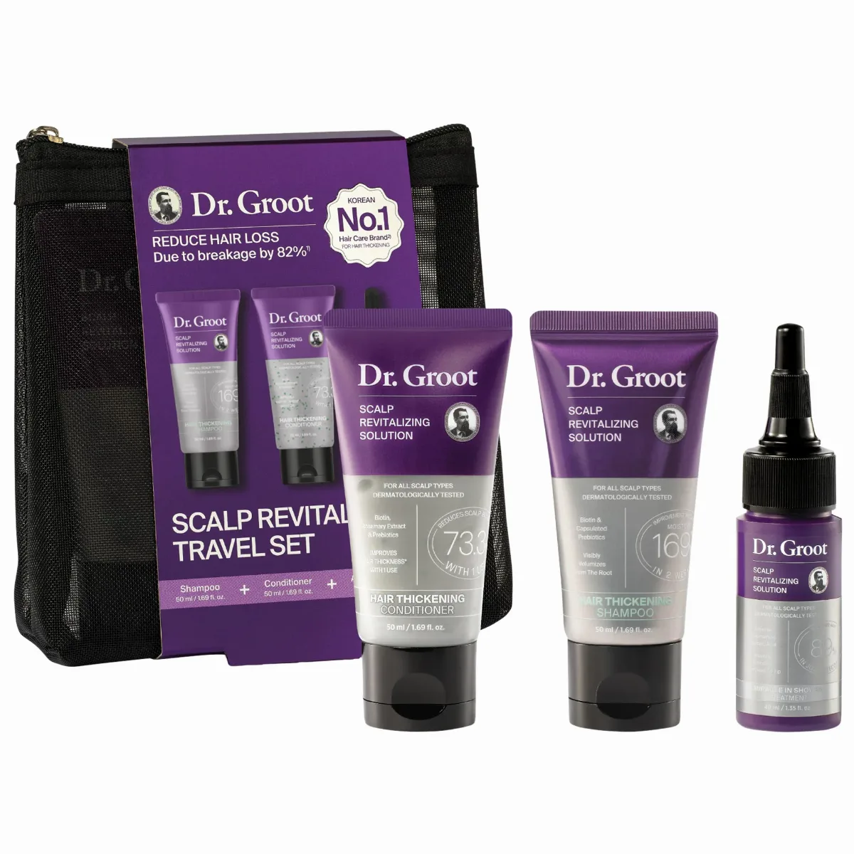 Mini Hair Thickening Shampoo, Conditioner & Miracle in Shower Treatment Travel Gift Set by Dr. Groot